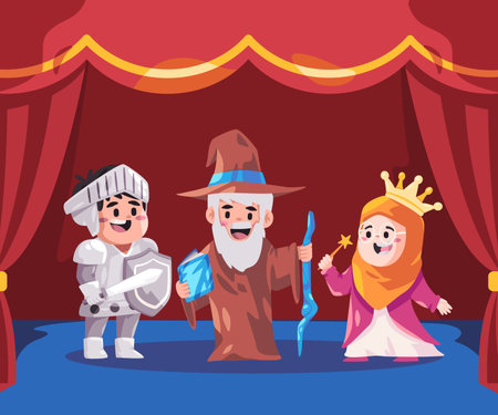 Kids perform theatre drama on stage with red curtain play role as knight warrior wizard and queenのイラスト素材