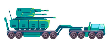 Truck transporting armoured heavy tank illustration war logisticsのイラスト素材