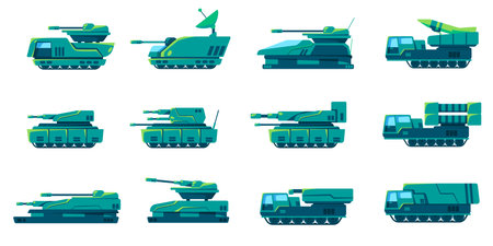 Military armored vehicle tank heavy army transportation set collection green colorのイラスト素材