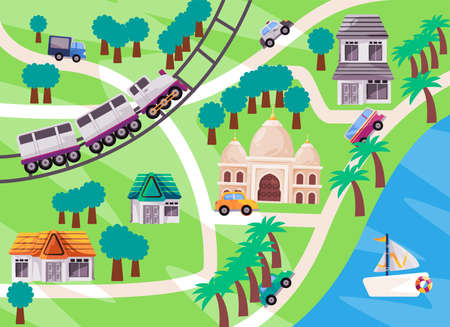 Town map with train on track with blue beach and green village roads children style illustrationのイラスト素材