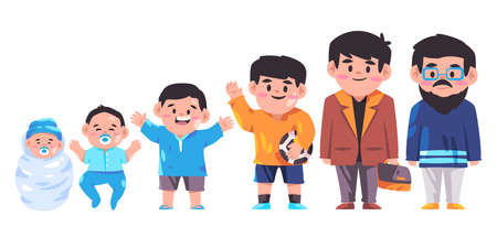 Growth of man from new baby born until old include infant teenager with colorfull clothes cartoon color vector illustrationのイラスト素材
