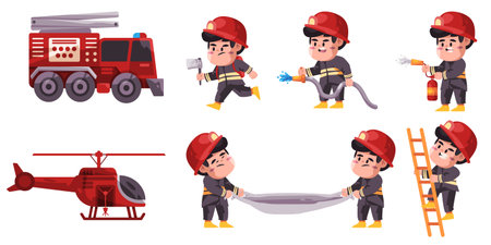 Fire fighter firemen professional occupation career set collection for kids wearing helmet firefighting extinguisherのイラスト素材