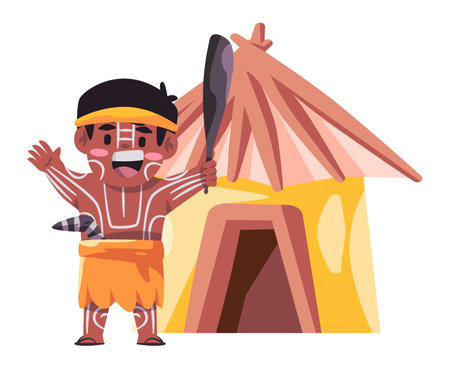 Aboriginal indigenous tribal kids pose standing in front of hutのイラスト素材