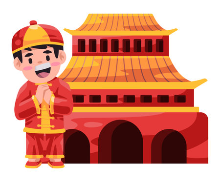 Chinese children wearing traditional costume pose in front of building landmark china drawing illustrationのイラスト素材