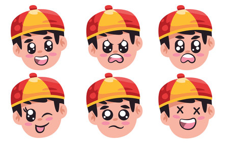 Chinese kids facial expression emoticon with eyes and mouth collection of children from china cartoon isolated illustrationのイラスト素材