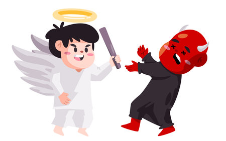 Angel versus daemon evil good vs bad cartoon character fight with stickのイラスト素材