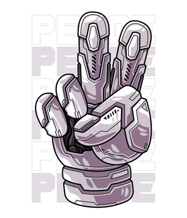 Peace sign hand robot symbol of dealing with machine humanoid artificial intelligence technology to not make warのイラスト素材
