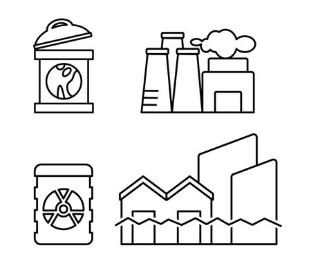 icon of trash can factory pollution nuclear and dangerous garbage flooding house buildingのイラスト素材