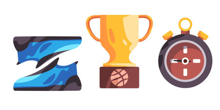 golden trophy stopwatch and shoes basketball equipment sport health activity play match physical education tournament championshipのイラスト素材