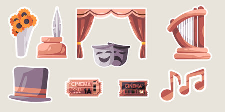 Theatre opera comedy stage performance object set collection drawing illustration sticker doodle cartoon styleのイラスト素材