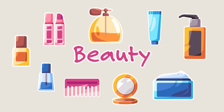 Beauty salon cosmetics female object from cream lipstick to hair comb cartoon set sticker doodle collection bundleのイラスト素材
