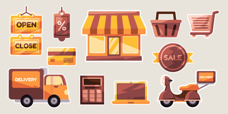 ecommerce buy sell store delivery cartoon set sticker doodle collection bundleのイラスト素材