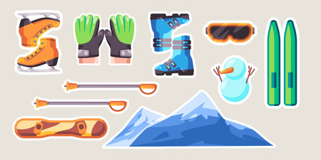 ice skating snowboarding equipment winter ski sport cartoon set sticker doodle collection bundleのイラスト素材