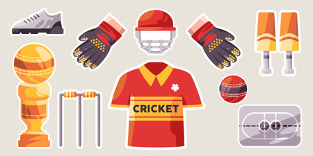 Cricket sport tournament championship object icon collection set illustration sticker style helmet club to glove shirt and helmetのイラスト素材