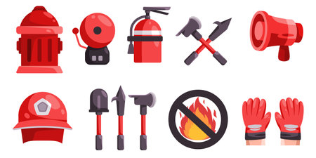 Firefighter tools collection set icon objects no fire sign megaphone shovel fire axe helmet alarm hydrant and fire extinguisher emergency protection safety rescueのイラスト素材