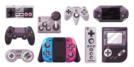 Console game controller set collection illustration switch and remote control technology electronic playing video gamesのイラスト素材