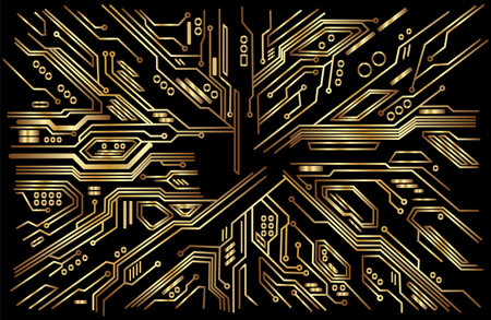 Background of modern interconnected circuit board digital technology pattern chimp component gold in blackのイラスト素材