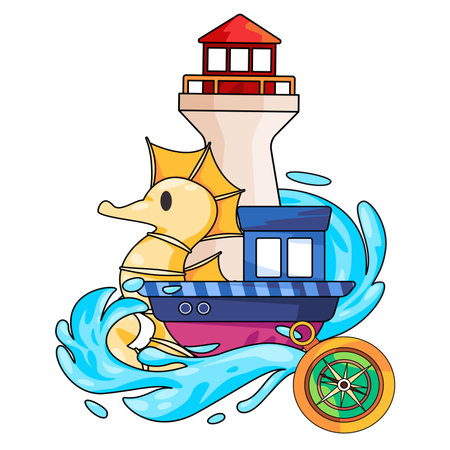 marine sea art drawing illustration of lighthouse sea horse in a boat with compass and ocean sea waveのイラスト素材