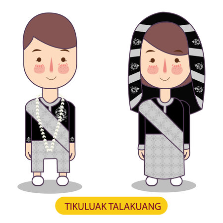tikuluak talakuang traditional dress native minang tribe form indonesian west sumatra boy and girl couple costume wearing apparel nationalityのイラスト素材