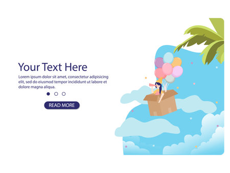 girl flying with colorful balloon and text effect template light blue beautiful cloudy high skyのイラスト素材