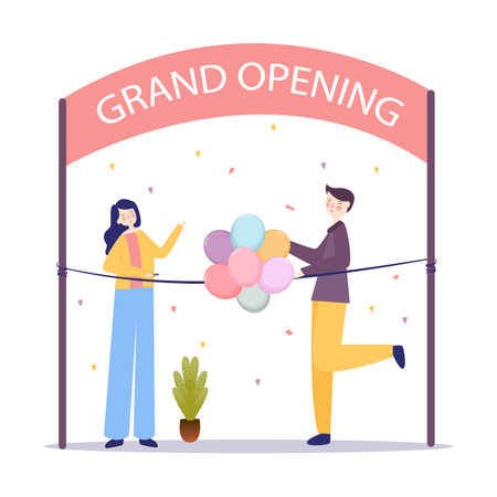 grand opening boy and girl cut rope ceremony startup launch celebration decoration entertainment partyのイラスト素材
