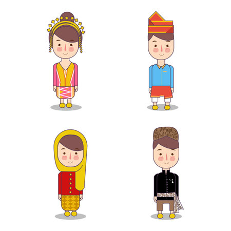 diverse traditional dress native tribe multiethnic form indonesian boy and girl couple wearing costume pink blue red and black color with headdressのイラスト素材