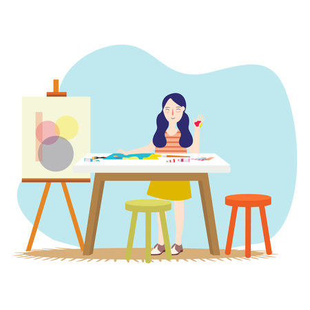 painting classes lesson education learning artist creativity academy student kid beautiful girl skill drawingのイラスト素材