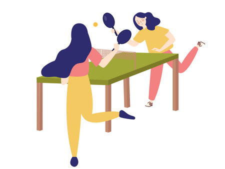 two girl playing pingpong or table tennis healthy sport challenge competition tournament activity workoutのイラスト素材