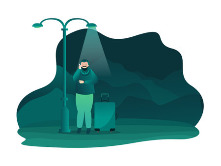 Man waiting transportation in night outdoor with luggage suitcase journey vacation trip destinationのイラスト素材