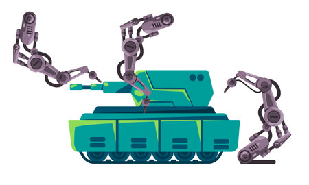 Tank military vehicle mechanical arm robotic line production manufacturing process automationのイラスト素材