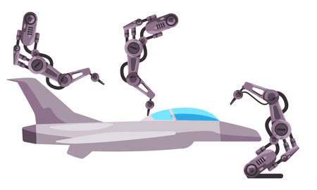 Jet fighter military plane mechanical arm robotic line production manufacturing process automationのイラスト素材