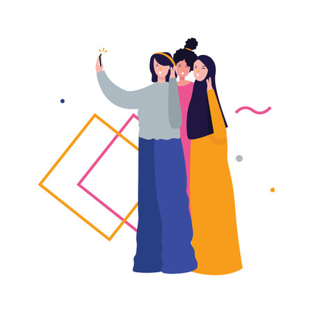 beautiful girl friendship selfie in camera smartphone mobile enjoying leisure activity with fashion casual clothes and hijab apparel styleのイラスト素材