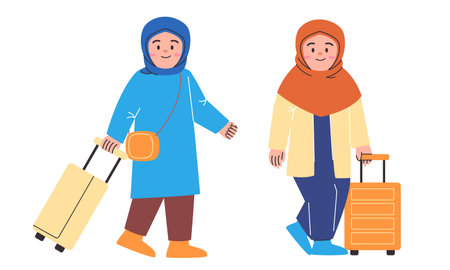 Holiday vacation journey trip hijab girl wear clothes stylish and carry suitcase travel bag holding suitcase baggageのイラスト素材