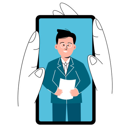 watching news broadcast anchor man hand hold device smart phone screen line art illustration flatのイラスト素材
