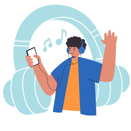 Loud music DJ young teen listening to music with earphone enjoy play audio from smartphone flat colorful illustrationのイラスト素材