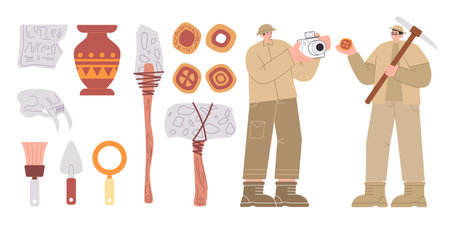 Archeologist exploration ancient treasure search dig equipment prehistoric archeology fossil flat illustrationのイラスト素材