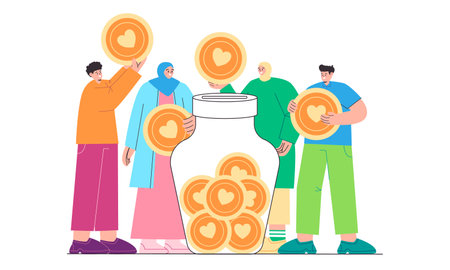 Volunteer donate together friends donating put coin heart into jar teen fundraising collect moneyのイラスト素材