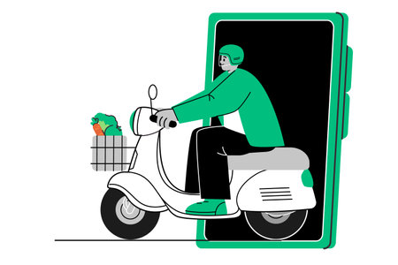 Smartphone mobile apps application order motorcycle delivery man courier bike cartoon flat illustrationのイラスト素材