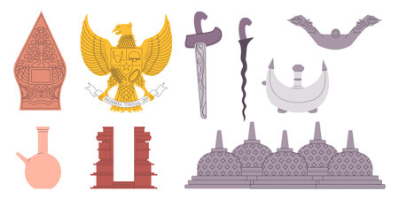 Indonesia symbol object of cultural set collection from keris borobudur temple gate garuda pancasila museum artefactのイラスト素材