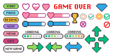 Graphic set game collection pixel 8 bit arcade video game icon interfaceのイラスト素材