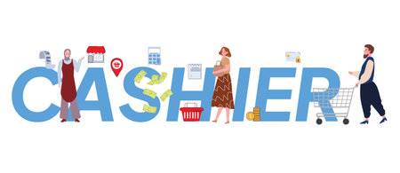 Cashier job customer service register staff supermarket payment transaction textのイラスト素材