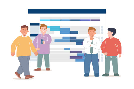 Gant chart project management team discuss task schedule teamwork organization large screen character collaborationのイラスト素材