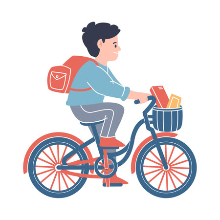 Man riding bicycle flat courier delivery bring bag and basket colorful flat character with outlineのイラスト素材