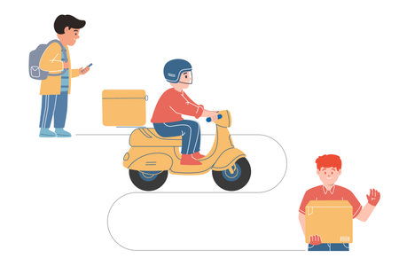 Customer order using smart phone mobile application for sending delivery shopping buy food service send package motorcycle driver motorbikeのイラスト素材
