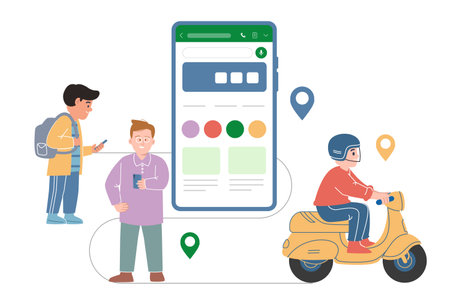 Mobile application large screen for sending delivery and ride hailing service send package motorcycle driver motorbike scooterのイラスト素材