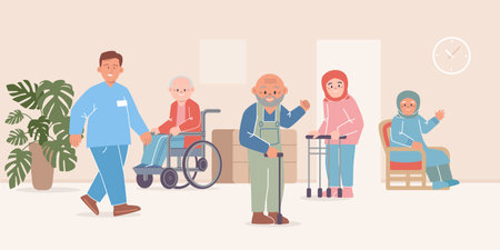 Nursing home old retirement pensioner house with medical helper nursing aged elder people scene flat illustrationのイラスト素材