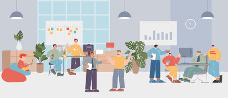 Office open space plan scene of people employee coworker colleague working together collaboration in a workspace busy many team illustration cartoonのイラスト素材