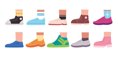 Shoe footwear set collection flat cartoon illustration foot trendy fashion colorful shoesのイラスト素材
