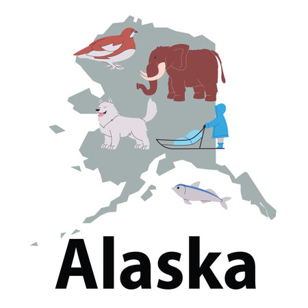 Alaska map states of America and unique animals willow ptarmigan malamute salmon and mammothのイラスト素材