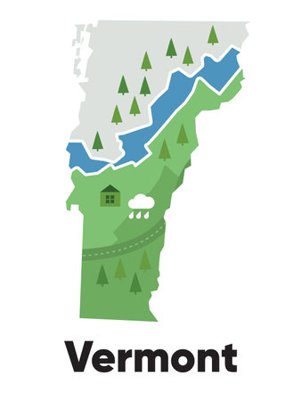 Vermont map shape of states cartoon style with forest tree and river landscape graphic illustrationのイラスト素材